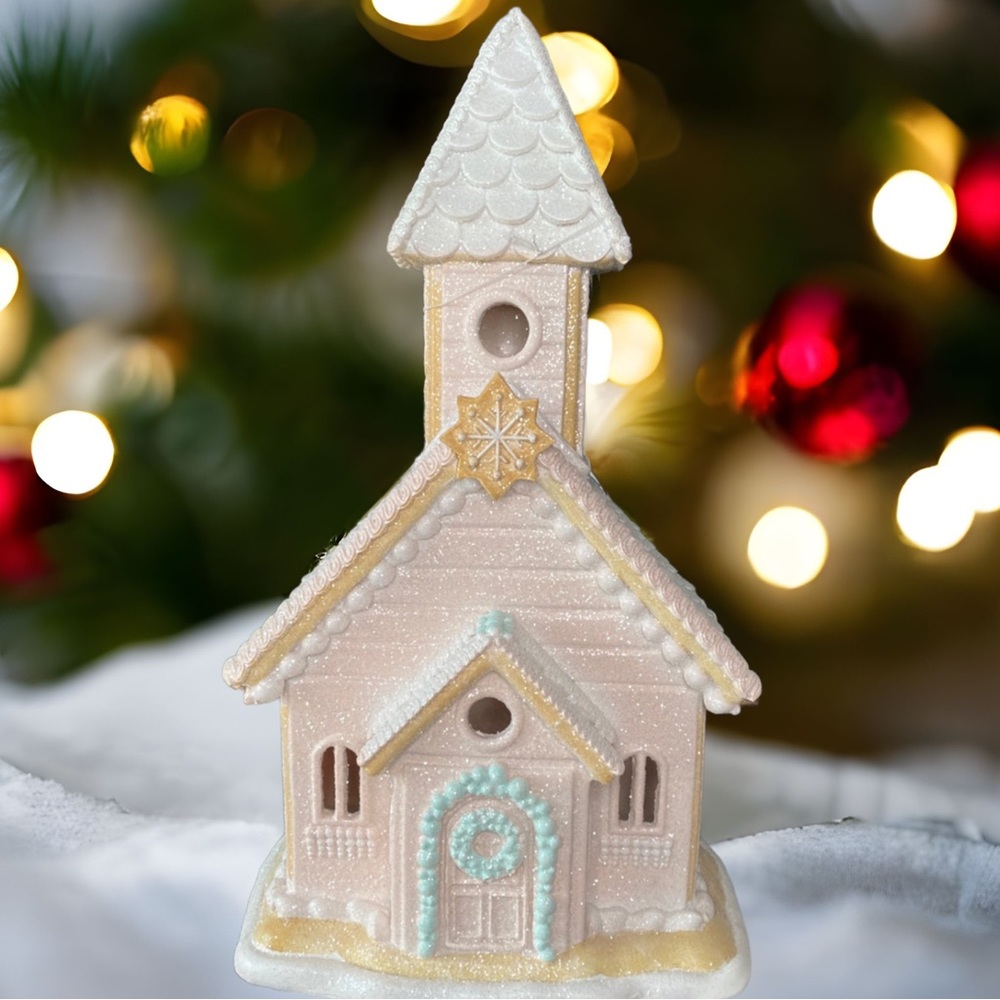 New LED LIGHT UP Pastel Glitter Victorian Pink Gingerbread Church House 15.5
